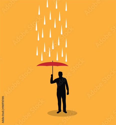 Silhouette of Man with Umbrella Under Pouring Rain. Business protection idea, bad weather and raining day