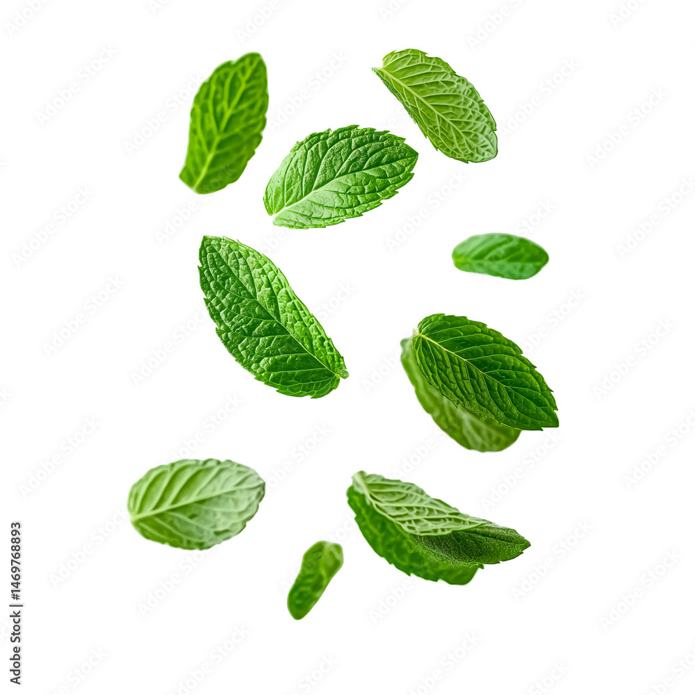 Green mint leaves falling on transparent background, cutout. Green mint leaves falling on transparent background, cutout.