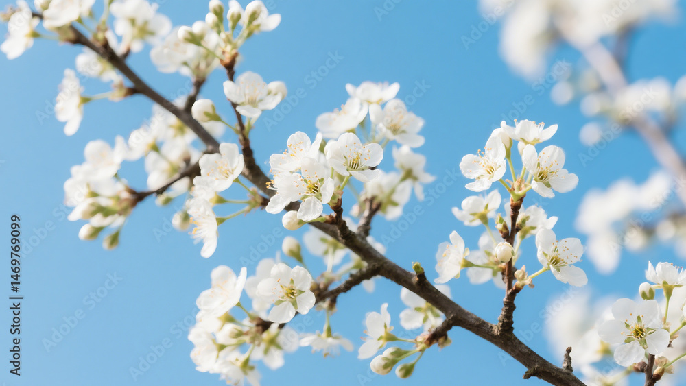Blossoms on a Branch Against a Soft Blue Sky Background Blossoms on a Branch Against a Soft Blue Sky Background