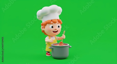 Adorable Cartoon Chef Boy Cooking in a Pot. Green Screen Background. 3D Render.