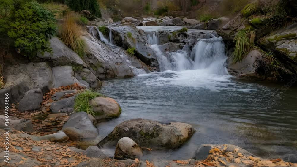 Cascading stream flowing over rocky terrain in a tranquil woodland setting, reflecting natural beauty. Cascading stream flowing over rocky terrain in a tranquil woodland setting, reflecting natural beauty.