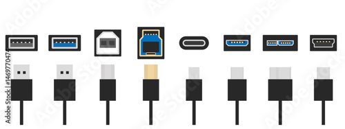 Variety of USB Connector Types Illustration – Type A, B, C, Mini, Micro, and USB 3.0