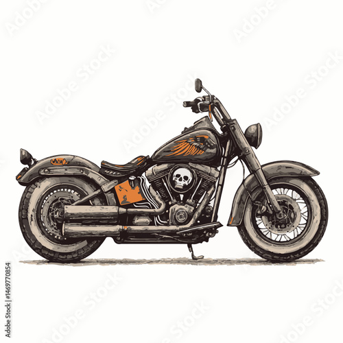 Vintage Motorcycle Illustration With Skull Design On Isolated White Background