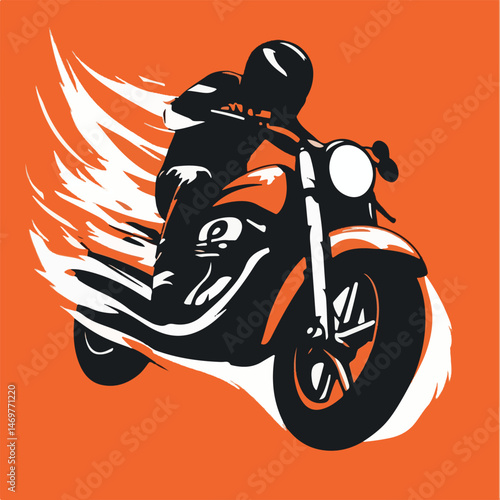 Motorcycle Rider Speeding On Orange Background Minimalist Vector Illustration Style