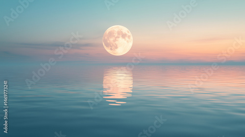The full moon reflected on a calm body of water.
