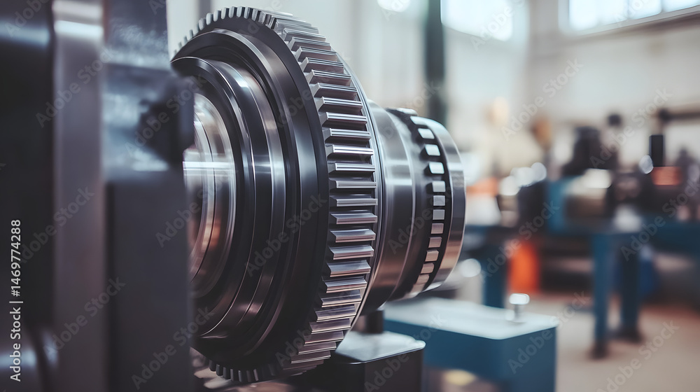 Industrial Gear Close-Up: A close-up shot of a powerful industrial gear with intricate details, showcasing the precision and complexity of modern manufacturing. Industrial Gear Close-Up: A close-up shot of a powerful industrial gear with intricate details, showcasing the precision and complexity of modern manufacturing.