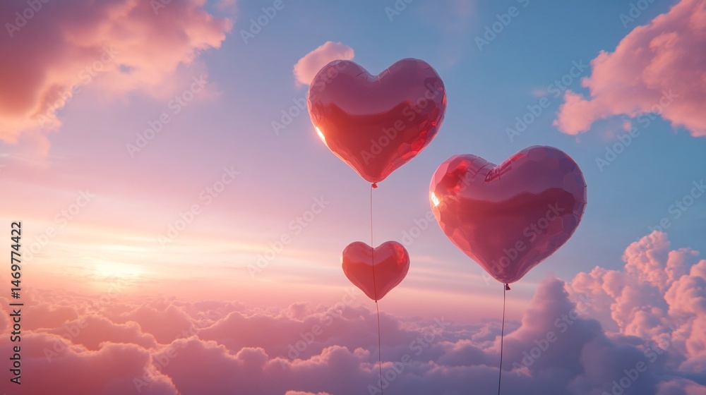 Fototapeta premium Love is in the Air - Heart Shaped Balloons Floating in the Sky
