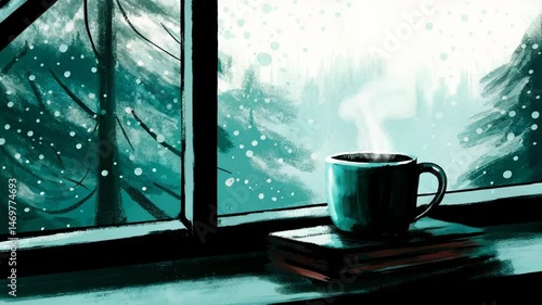A steaming mug rests on books by a window, overlooking a snowy forest scene outside.