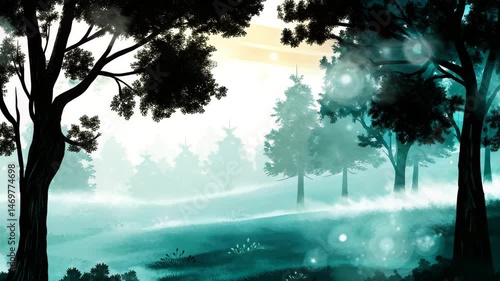 A serene misty forest scene with tall trees, soft sunlight, and glowing orbs illuminating the morning haze.