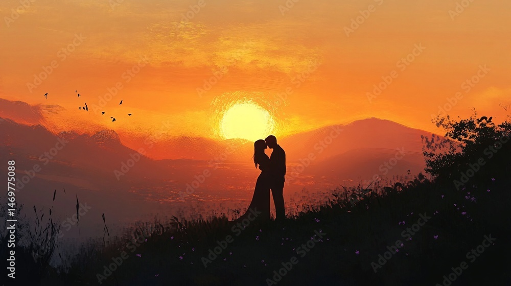 Obraz premium Romantic Sunset Kiss at Majestic Mountain Viewpoint