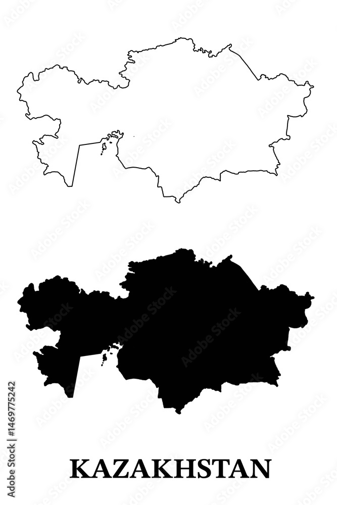 Naklejka premium Black silhouette and white outline map of Kazakhstan for educational and graphic purposes