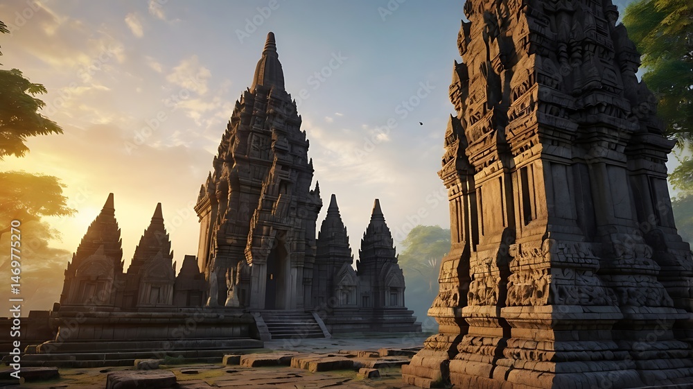 Naklejka premium A stunning 3D-rendered view of Prambanan Temple at sunrise, with golden sunlight illuminating the intricate carvings, realistic details, and soft morning mist