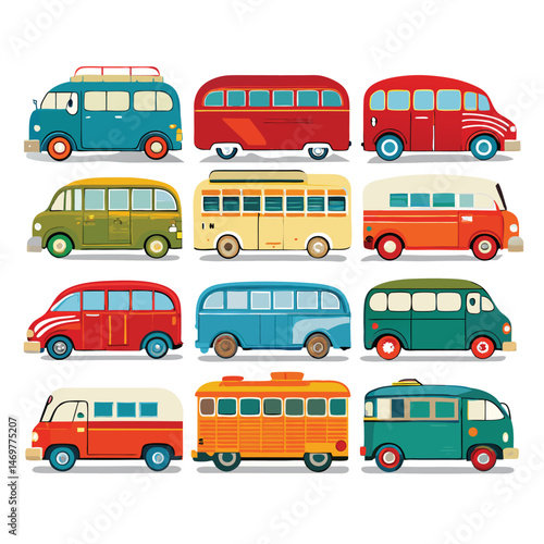 Nine  classic Bus arranged on a white background.