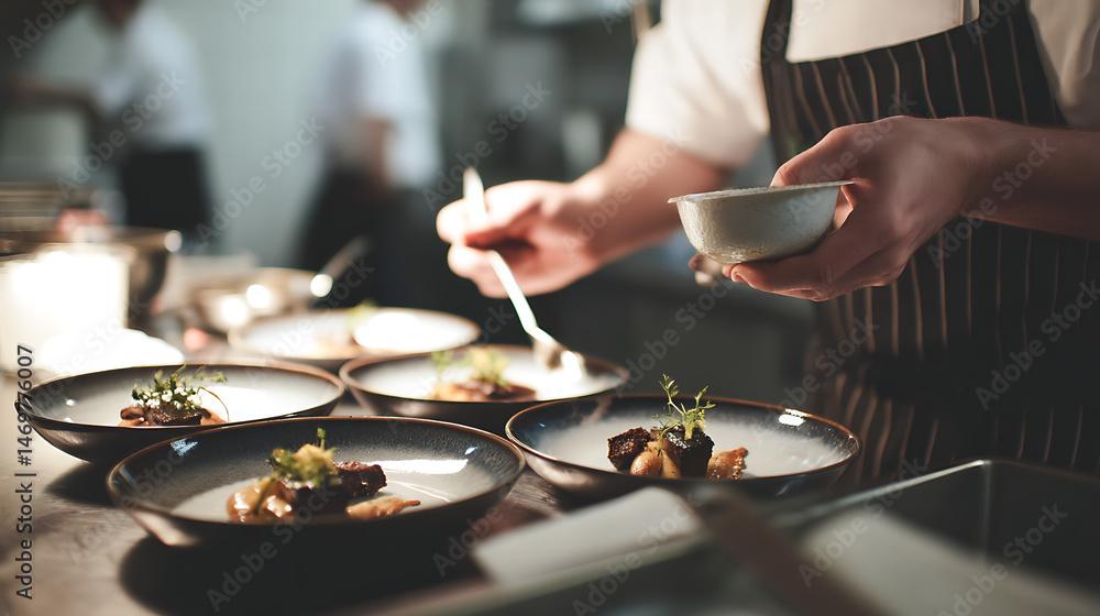 A Chef carefully plating a dish A Chef carefully plating a dish