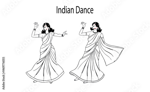 Illustration of Two Women Performing Traditional Indian Classical Dance Movements