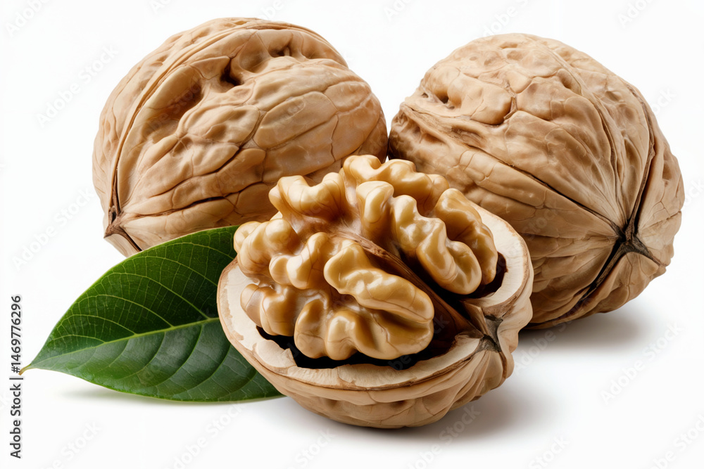 Walnut isolated. Two unpeeled walnuts with leaves on white background. Walnut nut with shell. Side view. With clipping path