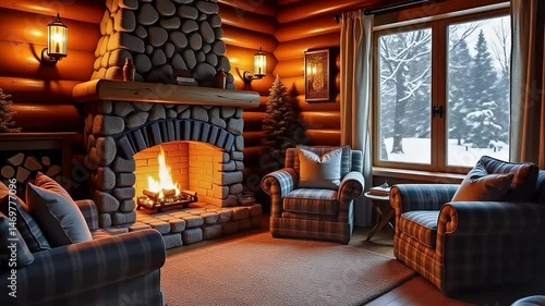 Cozy log cabin living room with fireplace