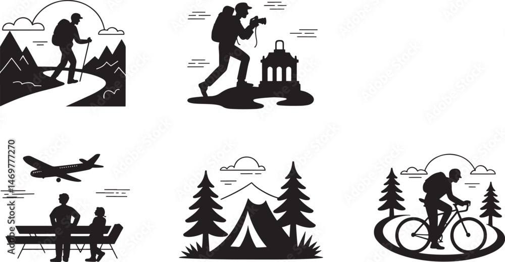 Fototapeta premium A collection of silhouetted illustrations depicting different travel and adventure activities