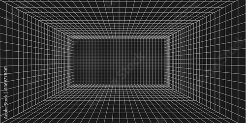 Room projection grid in futuristic 3d style. Outline futuristic grid background, room projection. Wireframe grid template in perspective view