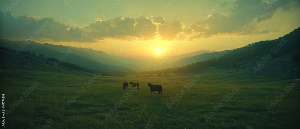 Obraz premium Gentle sunlight on a valley meadow landscape at sunset.