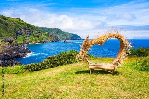 Obraz na płótnie Idyllic bay with rocks and beach on ocean coast of Flores island, Azores, Portugal w salonie