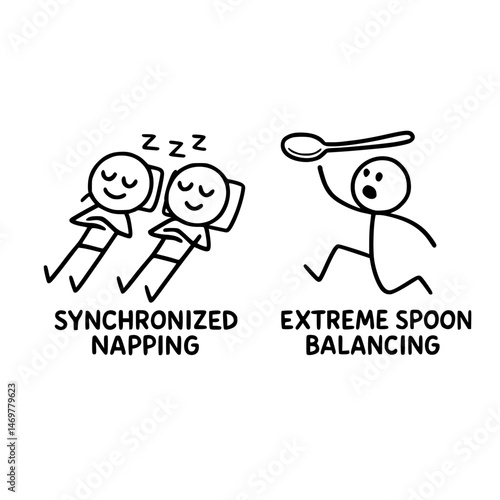 Silly stick figures competing in bizarre events, like synchronized napping and extreme spoon balancing.