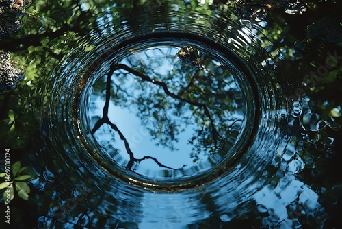 Circular reflection of trees in rippling water.