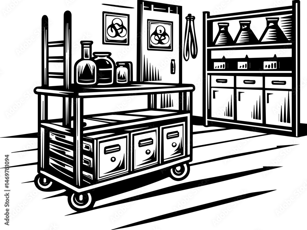 SVG vector of chemical handling in a laboratory with chemistry elements. Vintage Workshop Cart with Bottles and Shelves in a Rustic Room SVG vector of chemical handling in a laboratory with chemistry elements. Vintage Workshop Cart with Bottles and Shelves in a Rustic Room