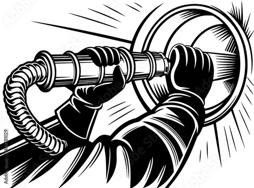 SVG vector of chemical handling in a laboratory with chemistry elements. Hand Holding a Hose with Light Rays Radiating in Black and White