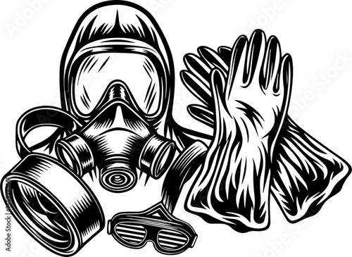 SVG vector of chemical handling in a laboratory with chemistry elements. Protective Gear for Hazardous Environments with Gloves and Goggles