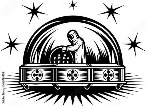 SVG vector of chemical handling in a laboratory with chemistry elements. Science Fiction Illustration of Researcher with Laboratory Equipment