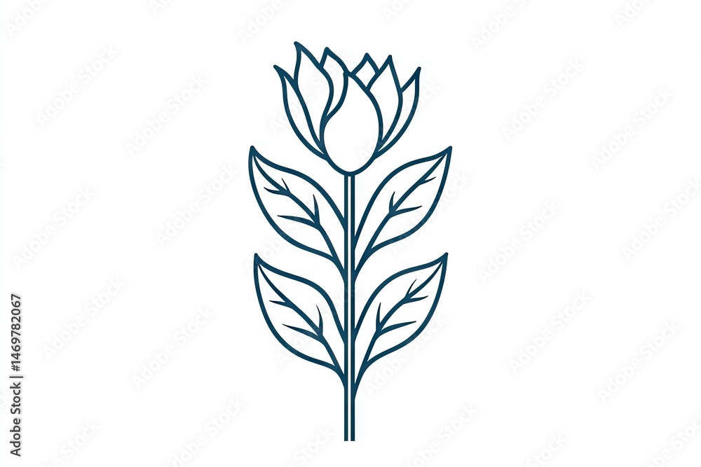 Fototapeta premium Elegant line drawing of a flower and leaves against a white background.