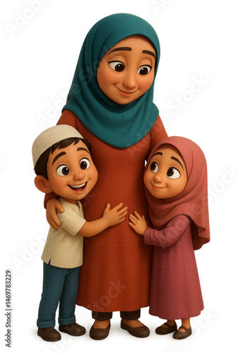 A Muslim family hugs and smiles a transparent background  