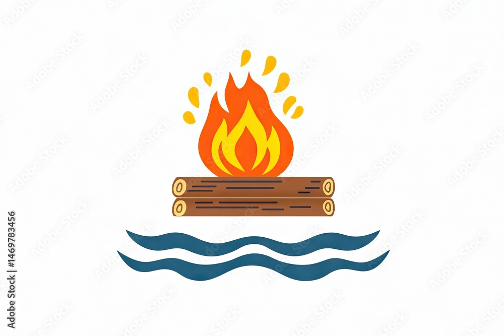 Simple illustration of burning logs afloat on water. Simple illustration of burning logs afloat on water.