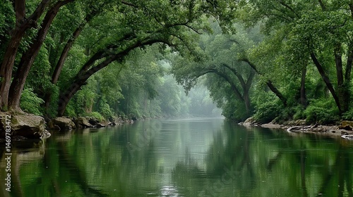 Tranquil Morning Forest with Still Water and Reflective Sky Over Serene River
