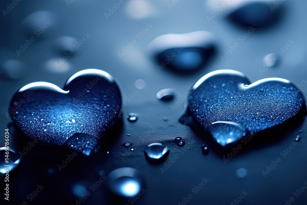 Fototapeta premium Two blue hearts in water droplets