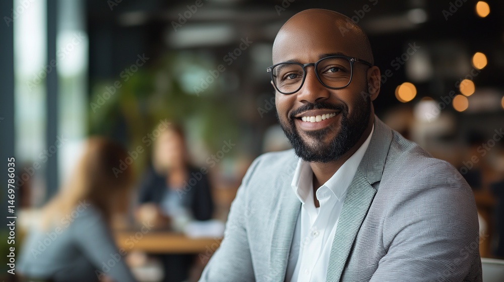 Obraz premium Smiling Professional Man in Coffee Shop - Business Casual Portrait