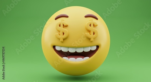 3D Render of a Smiley Face Emoji With Dollar Signs as Eyes, Green Background