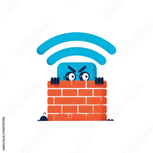 Humorous vector flat illustration of a WiFi signal with eyes hiding behind a wall, symbolizing weak or lost connection.