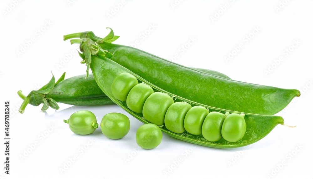 Fresh Green Pea Pods with Loose Peas on White Background Fresh Green Pea Pods with Loose Peas on White Background