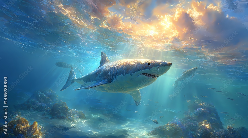 Fototapeta premium Majestic shark gliding through vibrant ocean waters.