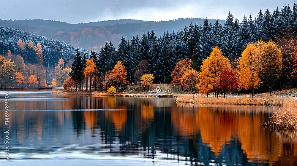 Fototapeta premium Stunning Autumn Lake Reflection Colorful Trees Forest and Calm Water