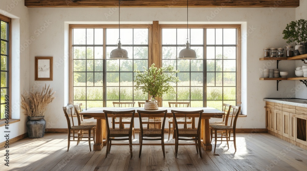 Fototapeta premium Cozy and Inviting Modern Dining Room with Big Windows and Natural Light in a Serene Setting