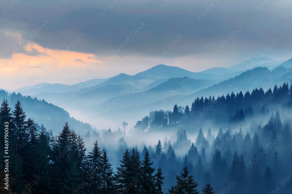 Obraz premium Misty mountains surrounded by tall evergreen trees