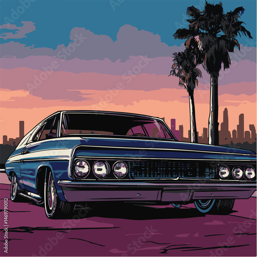 Classic Blue Lowrider Car With Palm Trees And City Skyline Background Art