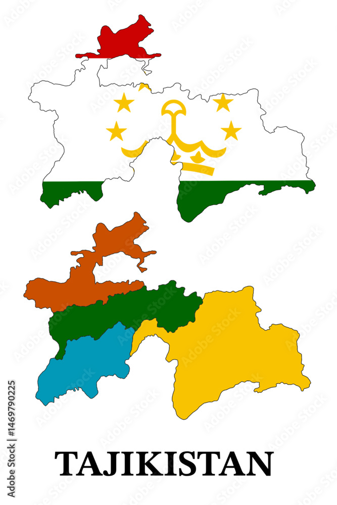 Obraz premium Flag and regional map of Tajikistan with colorful provincial divisions and silhouette