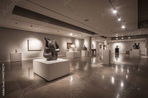 Modern art gallery showcasing beautiful sculptures.