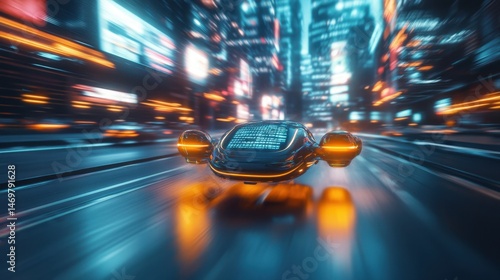Futuristic Flying Car Accelerating Through Neon City Streets at Night with Blurred Background and Bright Lights