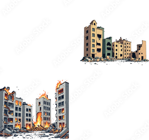 Vsai burning city buildings destroyed by war or natural disaster