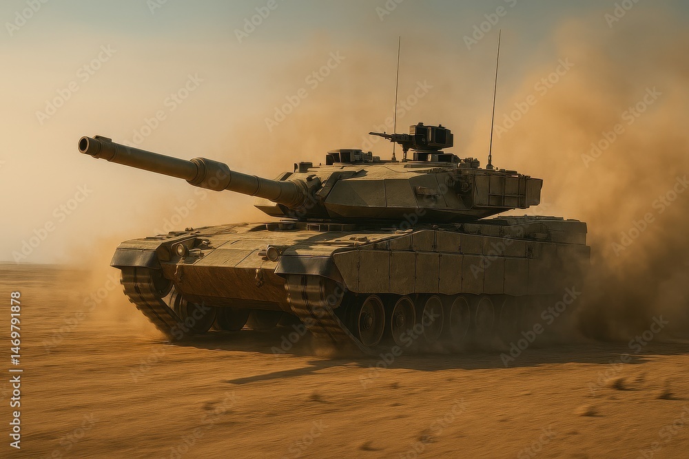 modern main battle tank kicking up dust as it speeds across a desert landscape modern main battle tank kicking up dust as it speeds across a desert landscape
